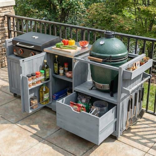 Merax 80.5" Outdoor Kitchen Island for Big Green Egg& Blackstone Griddle,Solid Wood Grill Cart Table with Stainless Steel Top,Drawer for Large Big Green Egg and 21"/28" Blackstone Griddle,Grey Blue by Merax