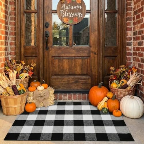 MUBIN Cotton Buffalo Plaid Rug, 27.5x43 Black and White Outdoor Rug Front Door Decorative Mat, Washable Doormat Foldable Area Rug Layered Door Mats Rug for Front Porch, Entryway, Patio (Pack of 2) - Image 4