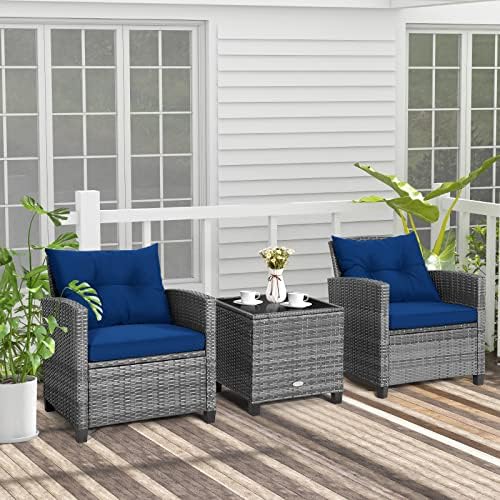 Tangkula 3 Pieces Patio Furniture Set, Outdoor PE Rattan Conversation Chair Set with Tempered Glass Side Table and Removable Cushions, PE Wicker Chairs and Table Set for Porch, Balcony and Garden - Image 3