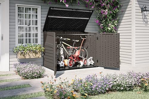 Suncast 5.9 ft. x 3.7 ft Horizontal Stow-Away Storage Shed - Natural Wood-Like Outdoor Storage for Trash Cans and Yard Tools - All-Weather Resin, Hinged Lid, Reinforced Floor - Made in the USA - Image 3