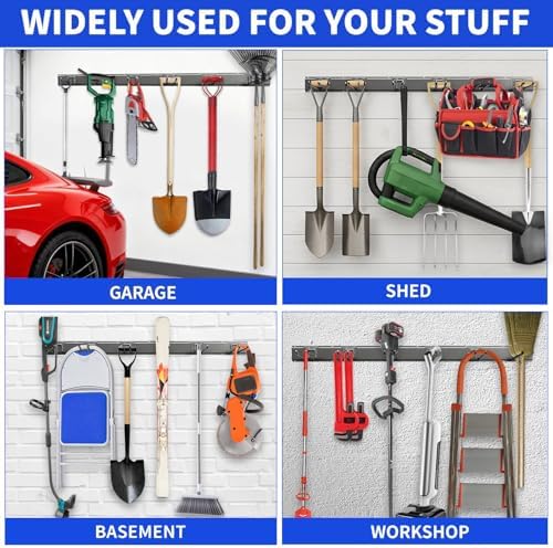 Garage Tool Organizer Wall Mount, 48 Inch Heavy Duty Garden Tool Organizer Storage System, Easy Install with 7 Adjustable Hooks, for Garage, Basement, Shed, Workshop, Black, Steel - Image 2