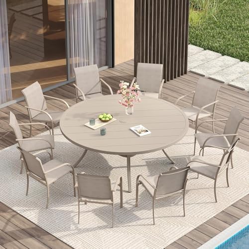 VICLLAX Large Patio Dining Furniture Set, Outdoor Dining Set for 10-60" Round Outdoor Table and Patio Stackable Chairs, Sandshell Color Tabletop and Fabric by HOME