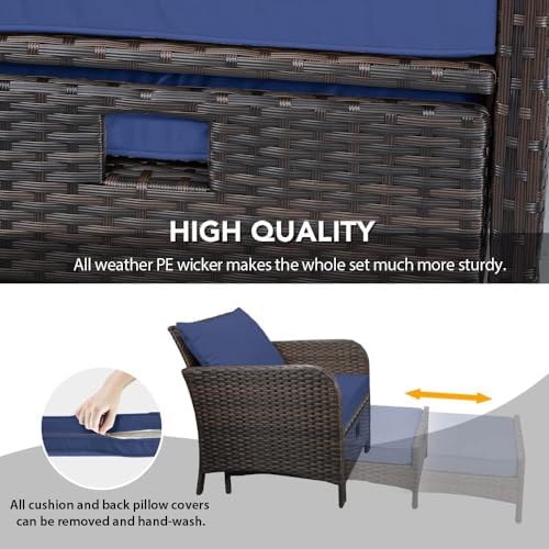 LEVELEVE Balcony Furniture 5 Piece Patio Conversation Set, PE Wicker Rattan Outdoor Lounge Chairs with Soft Cushions 2 Ottoman&Glass Table for Porch, Lawn-Brown Wicker - Image 5