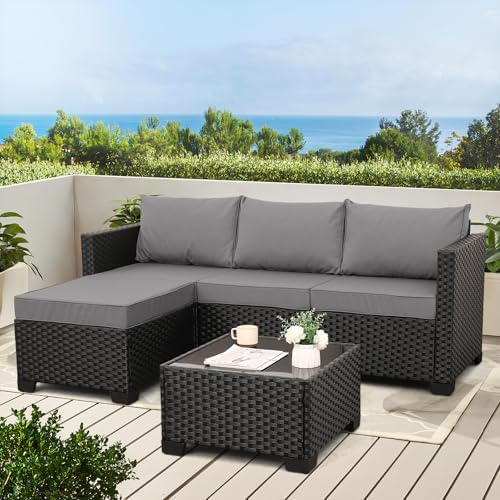Oasishine Wicker Patio Furniture Patio Couch 3 Pieces Outdoor Sectional with Ottoman and Outdoor Glass Table Weathering Anti-Slip Cushions Furniture Covers, Light Grey - Image 2