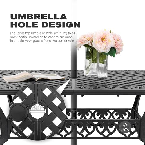 NUU GARDEN 60" Outdoor Dining Table with 2.09" Umbrella Hole, All Weather Cast Aluminum Outdoor Patio Table, 6-8 Person Rectangle Dining Table, Backyard Bistro Table for Garden, Poolside, Black - Image 6