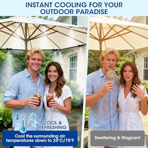 75FT Misters for Outside Patio – Outdoor Misting Cooling System with 20 Brass Nozzles, 3/4" Adapter & Water Filter, Upgraded Pre-Assembled, Large Area Cooling for Garden, Patio, Pool, Backyard - Image 2