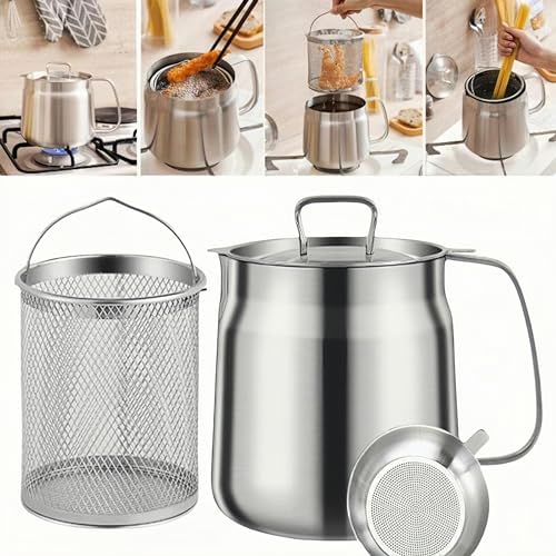 50oz 304 Stainless Steel Deep Fryer Pot with Basket & Strainer, Large Capacity Bacon Grease Container for Kitchen,Frying, Cooking, Camping,Oil Filter Container - Dishwasher Safe (50oz/1.5L/1.7Qt) by ComingandPurchasenow