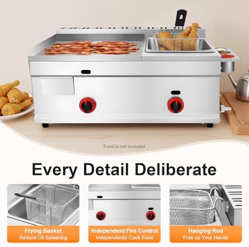 Gas Griddle, 6L/1.59Gal Stainless Steel Griddle & Deep Fryer Combo Gas Deep Fryer Gas Grill Griddle with Oil Draining Basket, Lid & 3 Spice Boxes, Commercial Griddle with Fryer for RV, Camping - Image 4