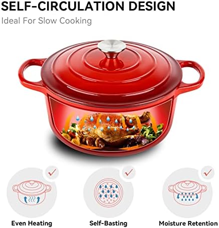 Miereirl 6 Quart Enameled Dutch Oven Pot with Lid, Cast Iron Dutch Oven with Dual Handles for Bread Baking, Cooking, Non-stick Enamel Coated Cookware (Red) - Image 4