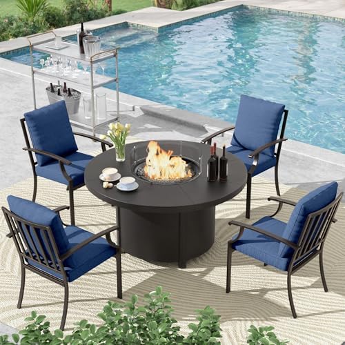 5 Pcs Metal Outdoor Patio Furniture Set with 48"/55000 BTU Outdoor Round Propane Fire Pit Table,Patio Conversation Sets 4 Fixed Chairs No-Slip Cushions and Waterproof Covers,NavyBlue by TrumbeakFurniture