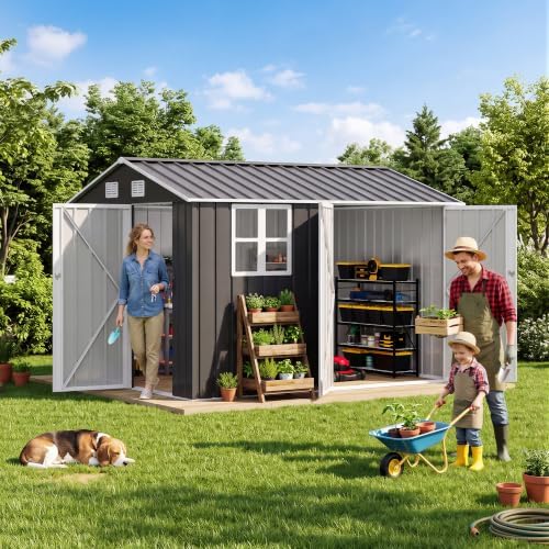 DWVO 10' x 8' Outdoor Metal Storage Shed with Windows & 3 Lockable Doors - Image 3