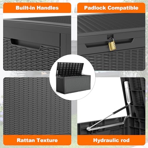 DRATO 120 Gallon Deck Boxes Outdoor Waterproof, Resin Large Lockable Storage Box with Lid, Outdoor Storage Bench Patio Cushions Furniture, Garden Tools, Pool Accessories (Black, 120 Gallon) - Image 4