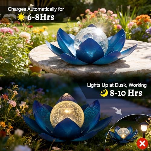 Huaxu Solar Lights Outdoor Garden Decoration Crackle Globe Glass Waterproof LED Metal Blue Lotus Flowers Gift for Mom,Women,Patio,Lawn,Walkway,Tabletop,Ground - Image 3