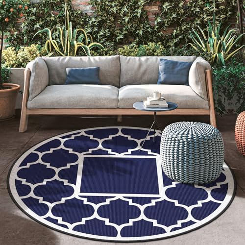 GENIMO Outdoor Rug, Waterproof Plastic Rugs for Patio, 8' Round Blue White by GENIMO