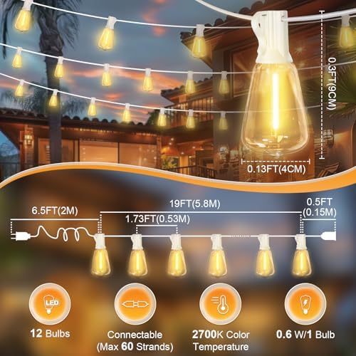 LAMPHOME Outdoor String Lights, 26FT Patio Lights with 12+1 ST38 LED Edison Bulbs (1 Spare), Connectable String Lights for Outside, Dimmable Hanging Light for Backyard Porch Decor, Warm White - Image 5