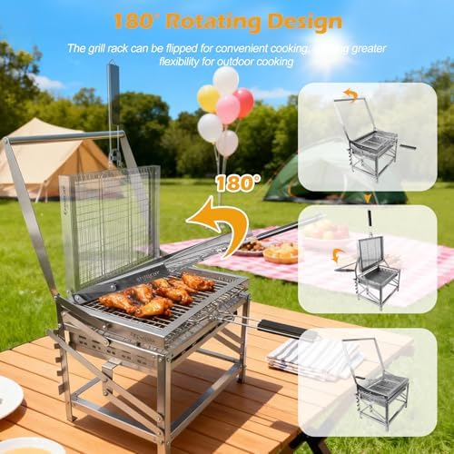Ergocar Charcoal Grill Outdoor Multi-Function Portable Rotatable Adjustable Height 4-Tier Charcoal Tray Ideal For Outdoor Smoking, Picnics, Camping Barbecues - Image 4