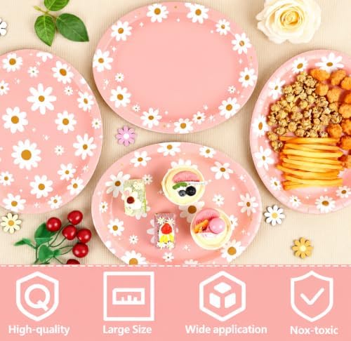 Qyeahkj 50 PCS Pink Daisy Oval Paper Plates Spring Large 11” One Two Groovy Party Decorations Floral Supplies Favor for Summer Flower Wedding Birthday Party Disposable Tableware Set - Image 3