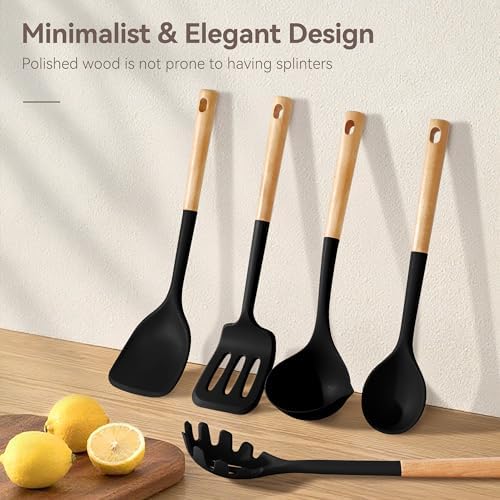 NCUE 6-Pcs Silicone Kitchen Utensils Set Wood Handle BPA-Free Food Grade - Image 6