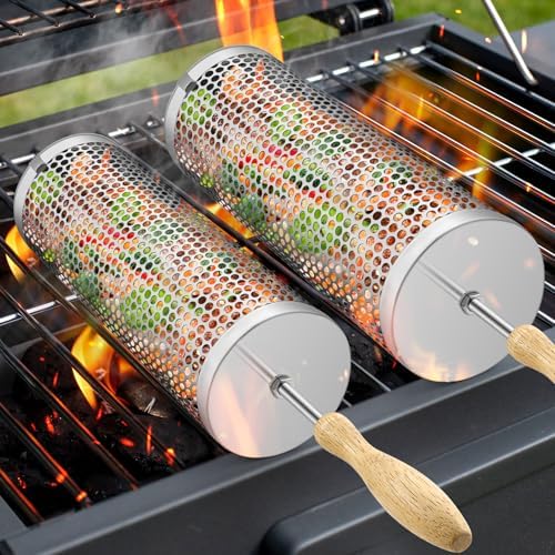 Rolling Grill Basket, Removable Wooden Handle, 304 Stainless Steel, Nesting Smoker Net, BBQ Accessories Tools for Vegetable Shrimp, Outdoor Cooking Camping (A) by UDeuxff