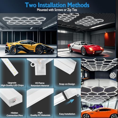 14-Hexagon LED Garage Lights with Outer Rectangle, 600W 60800LM Honeycomb Ceiling Light, 6500K Ultra Bright Workshop & Auto Detailing Light System (57 Tubes Included) - Image 7