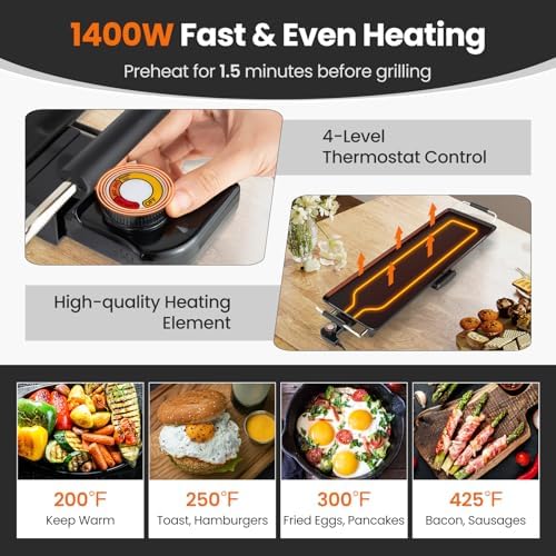 MAT EXPERT 35" Electric Griddle, Nonstick Countertop BBQ Grill with 4-Level Adjustable Temperature, Insulated Handles & Drip Tray, Indoor Outdoor Tabletop BBQ Grill for Party, Camping & Gathering, 35" - Image 4