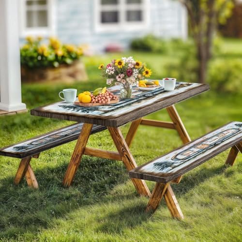 Picnic Table Cover with Bench Covers and Bag, Camping Essentials, Camper Forest Wooden Grain Outdoor Table Covers, Waterproof Windproof, Fitted Tablecloth Cover with Elastic Edge, 3 PCS, 30x60 Inch - Image 3
