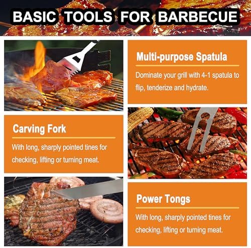 Grilljoy 24PCS BBQ Grill Tools Set with Meat Thermometer and Injector - Extra Thick Stainless Steel Fork, Spatula& Tongs - Complete BBQ Accessories in Aluminum Case - Perfect Grill Gifts for Men - Image 4