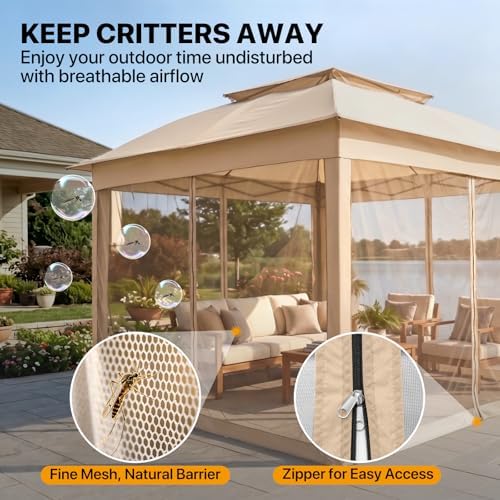 COOS BAY 11x11 Pop Up Gazebo with Netting, Canopy Tent, Khaki - Image 6