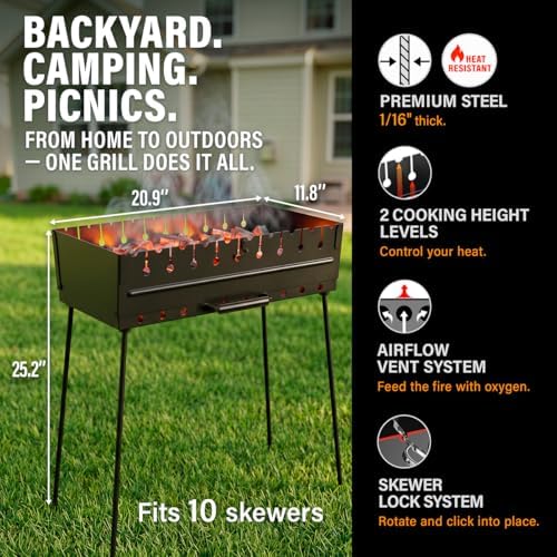 Charcoal Grill for 10 Skewers - Portable Barbecue Kabob Camp Grills - Foldable Metal Mangal - Kebab Shish BBQ for EDC Picnic Outdoor Cooking Camping Hiking (Skewers Not Included) - Image 2