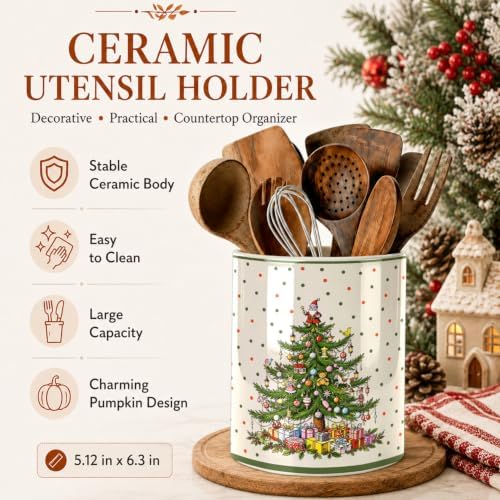 Christmas Tree Green Kitchen Utensil Holder, Xmas Winter Large Ceramic Utensil Holder For Countertop Organizer, 6.3'' Cooking Utensil Crocks Festivel Decor Utensil Storage Cup for Kitchen - Image 5