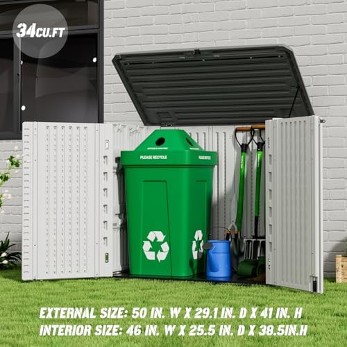 Mrosaa Outdoor Patio Storage Shed,Waterproof Horizontal Outdoor Storage Cabinet for Garbage Cans,Tools and Lawnmower Lockable(34 Cu.ft-Warm-White) - Image 4