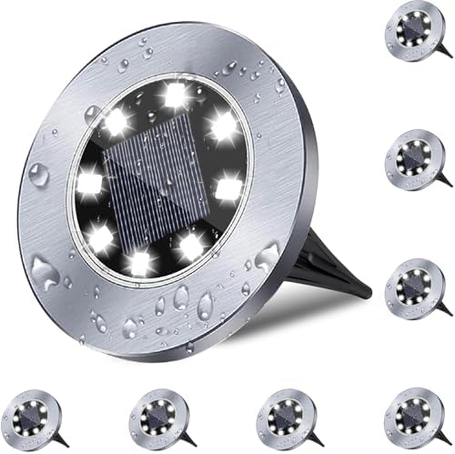 4.6 Inch Diameter Solar Ground Lights, Waterproof Solar Garden Lights, Outdoor Garden Waterproof Bright in-Ground Light, Landscape Lighting for Pathway,Yard,Lawn,Patio,Walkway (8 Pack White Light) by Rayolon