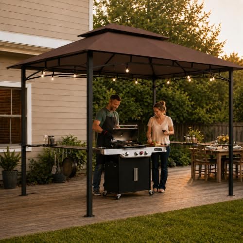 Garvee 8x5 Grill Gazebo, Outdoor BBQ Canopy Shelter with Double Tiered Roof Ventilation - Heavy Duty Patio Canopy Tent Steel Frame for Backyard Garden Lawn Grilling Party Picnic Cooking Events, Brown by Garvee