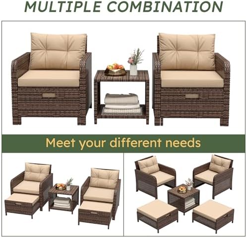 LHBcraft 5 Piece Patio Furniture Set, PE Wicker Outdoor Furniture Set with Soft Cushions & Coffee Table, Outdoor Lounge Chairs with Ottoman for Porch, Lawn, Balcony, Coffee-Beige - Image 5