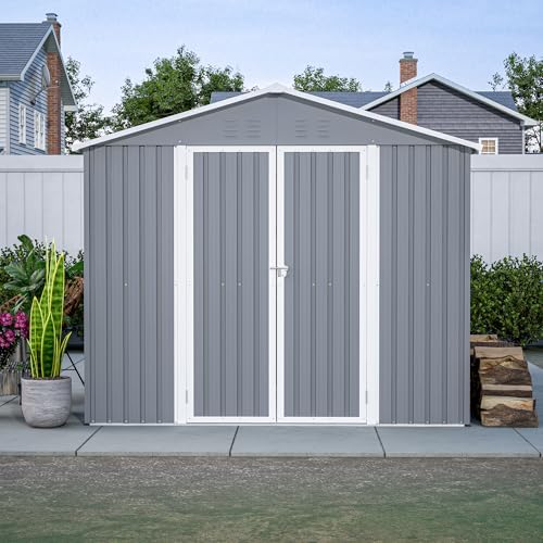 YOPTO 8x12 FT Outdoor Storage Shed W/Floor Frame,Metal Shed W/Double Lockable Doors,Garden Tool House W/ 2 Vents & Sloped Roof,for Backyard Patio Lawn,Gray - Image 3