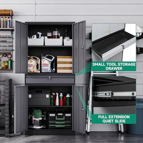 Letaya Metal Garage Storage Cabinet with Drawer,4 Door Tool Cabinet with Lock-2 Adjustable Shelves for Garage Home Office Utility Room (Black & Gray) - Image 4