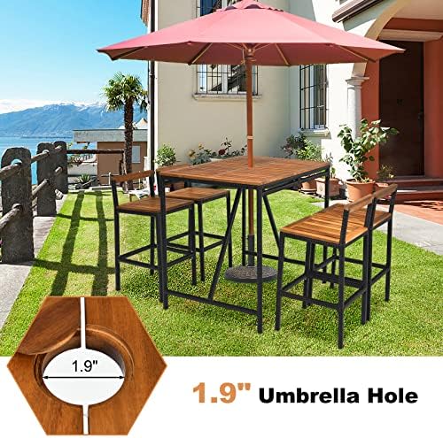 HAPPYGRILL 5 Pieces Patio Bar Table Set with Umbrella Hole Acacia Wood High-Dining Bistro Set with 4 Bar Stool, PE Wicker Outdoor Bar Set - Image 4