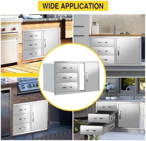 Outdoor Kitchen Drawer Combo BBQ Access Triple Drawers with Single Door 38.3''W x 22.7''H x 20.7''D with Handles for BBQ Island Grill Station, Stainless Steel - Image 7