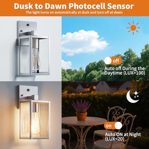 2 Pack Silver Dusk to Dawn Exterior Lighting Fixtures Wall Mount, Sensor Outside Front Porch Lights for House, Outdoor Lantern Lamp, Waterproof Wall Sconce Lights, Coach Light for Garage Entryway - Image 2