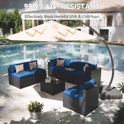 Aoxun Patio Furniture Set with Umbrella, 8 Piece Outdoor Sectional Sofas, Wicker Rattan Outdoor Furniture with Thickened Cushion for Backyard, Garden Navy Blue - Image 2