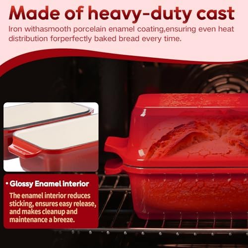 Enameled Cast Iron Dutch Oven for Sourdough Bread Baking, 9×5 Dutch Oven Pot with Lid, 2 in 1 Bread Pans with Lid for Baking, Roasting & Braising, Easy Release, Oven & Induction Safe (4.2 QT,Red) - Image 7