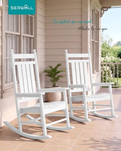SERWALL Comfortable Outdoor Rocking Chairs Set of 2, White - Image 3