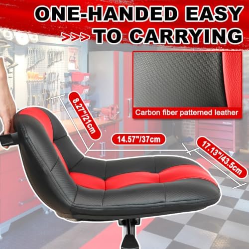 Rolling Stool with Wheels, Adjustable Height Pneumatic Garage Work Mechanic Stool Seat with Backrest, 400 LBS Capacity 360° Swivel Mechanic Crepper Chair with Tool Tray Storage, Red - Image 4