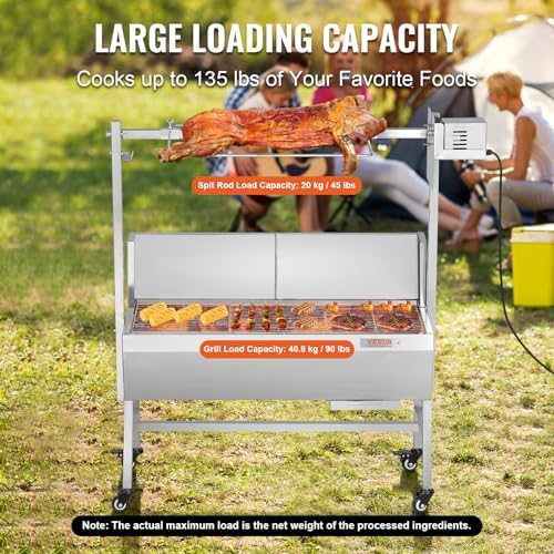 VEVOR Rotisserie Grill with Windscreen, BBQ Whole Pig Lamb Goat Charcoal Spit Grill, 35 Inch 90 Lbs Capacity, Electric 42W Motor Stainless Steel Roaster with Lockable Wheels, for Camping Outdoor - Image 3