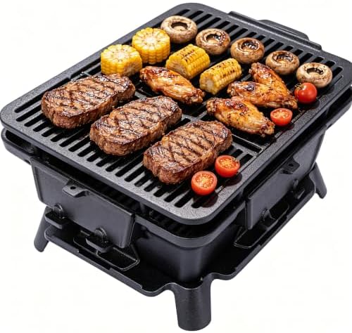 Oval Cast Iron Hibachi Grill, Portable Tabletop Charcoal Skillet, Outdoor Camping Cooking Stove by Hanuq