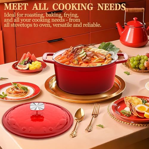 DUTZUN Enameled Cast Iron Dutch Oven - 5 Quart, Crab Lid (Patented), Oversized Knob, for Bread Baking Braiser, Cooking Stock Pot - Red - Image 7