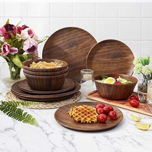 TP 12-Piece Melamine Dinnerware Sets, Service for 4, Wood Grain - Image 5