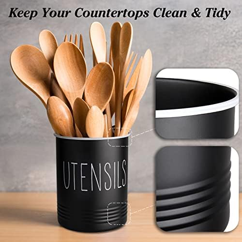 Bivvclaz Kitchen Utensil Holder, 6.7" Utensil Holder for Kitchen Counter, Cooking Utensil Crock with Cork Bottom, Modern Farmhouse Decor, Countertop Utensil Storage Organizer Caddy, Black - Image 4
