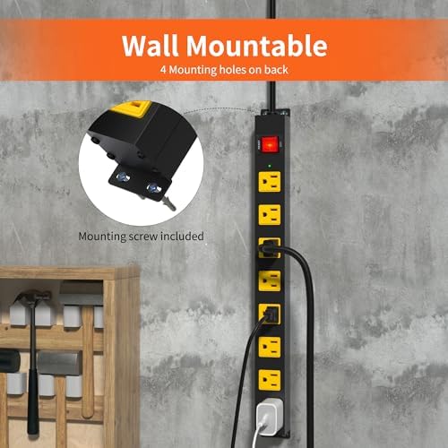 8 Outlet Power Strip 2100J Surge Protector, 12FT Heavy Duty Extension Cord Wide Spaced Outlet and Wall Mount Metal Powerstrip for Home Office Garage Workshop - Image 5