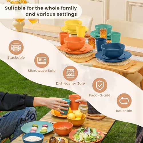 Homienly Dish Set Wheat Straw Dinnerware Sets Unbreakable Reusable Dinnerware Set 16 PCS Cups Plates and Bowls Sets, Microwave and Dishwasher Safe Dishes for Camping, Outdoor - Colorful - Image 6